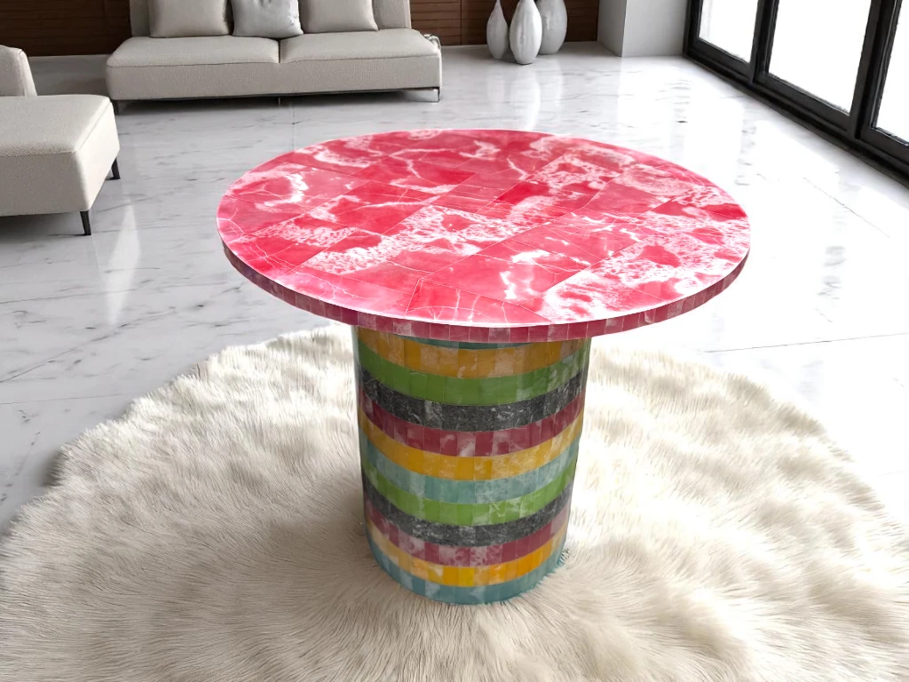 Alaska Pink Onyx Round Coffee Table – Luxury Stone Centerpiece Decor
